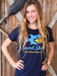 a woman in a Sound Shark T-shirt