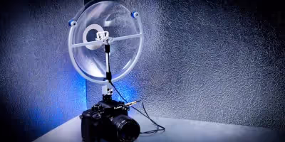 a Sound Shark long-range microphone mounted on a mirrorless (DSLR) camera